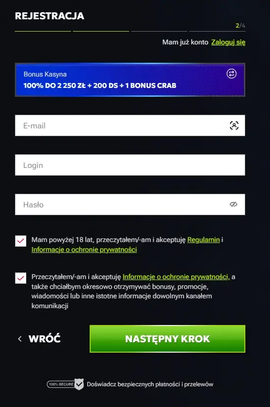 formularz rejestracyjny RTbet Casino drugi krok