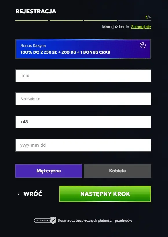 formularz rejestracyjny RTbet Casino trzeci krok